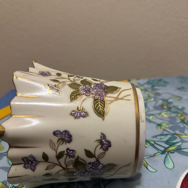 Vintage Floral Porcelain Vase With Scalloped Gilt Rim For Sale - Image 4 of 8
