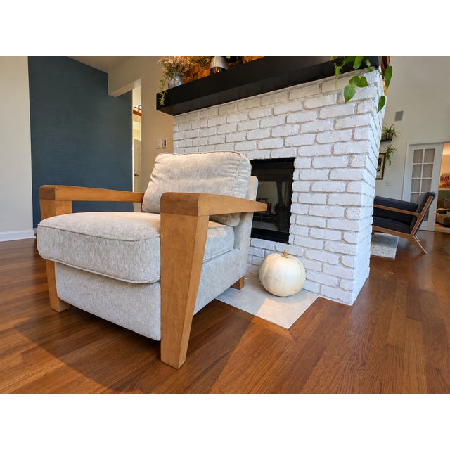 Beautiful vintage Thayer Coggin armchair with substantial solid wood arms/frame and neutral textured upholstery. Likely...