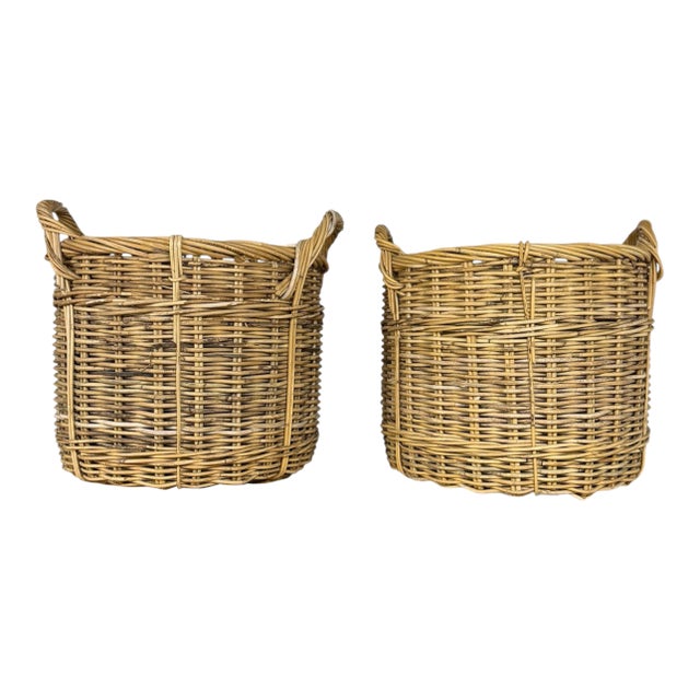 Large Woven Wicker Handeled Baskets- A Pair For Sale