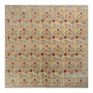 Rug & Kilim’s Transitional European Style Rug in Gold and Green All Over Floral Pattern