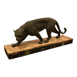 Mid 20th Century Art Deco Black Panther Sculpture on Portoro Marble Base Signed Meland