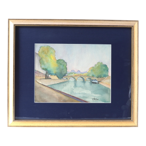 Late 20th Century Framed Parisian Watercolor – River Scene With Bridge