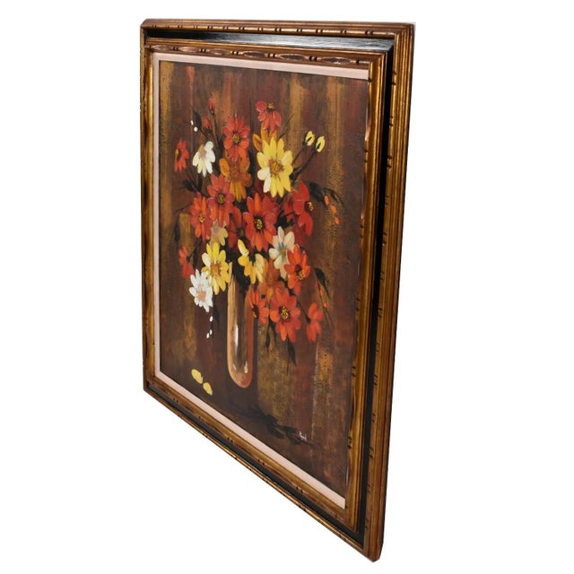 Large scale Mid-Century Modern floral still life housed in gilded frame. The vintage painting dates from the 1950s-1960s....