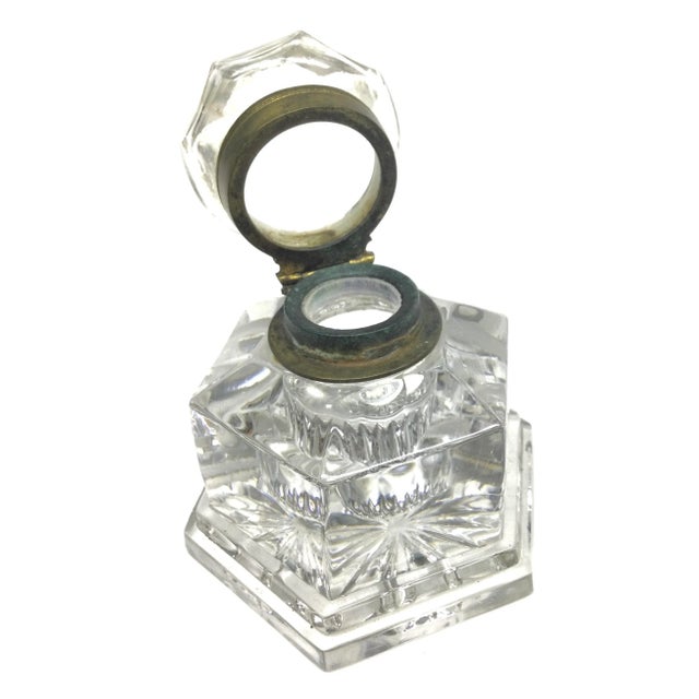 Crystal Brass Lidded Ink Well For Sale - Image 10 of 10