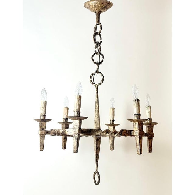 Arts and Crafts Golden Hand-Forged Six-Light Iron Chandelier, Germany, 1920s For Sale - Image 3 of 18