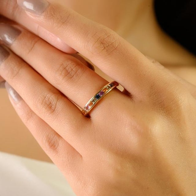 14k Gold 1 Carat Multi Sapphire Half Eternity Band Ring Stack Size 6 Gifts for Her For Sale - Image 4 of 14