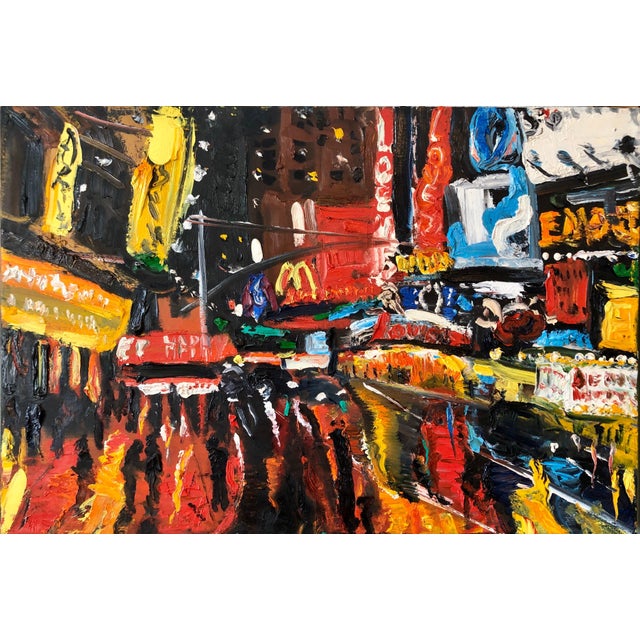 Simon Gaon, Vibrant New York City Times Square, Figural Abstract Expressionist Oil Painting For Sale
