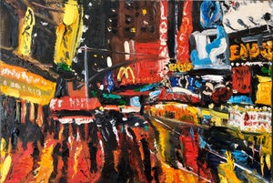 Simon Gaon, Vibrant New York City Times Square, Figural Abstract Expressionist Oil Painting