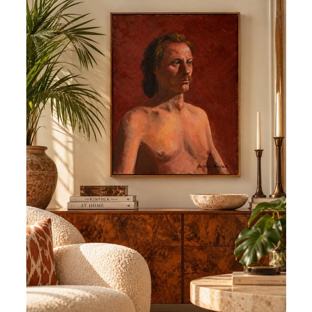 Striking vintage 1970s figurative portrait depicting a shirtless male subject rendered in oil on canvas. The artist uses...