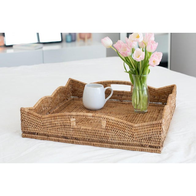 Boho Chic Artifacts Rattan Scallop Collection Square Tray with Cutout Handles in Honey Brown - 20" For Sale - Image 3 of 8