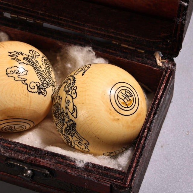 Wood Carved Dragon and Phoenix Baoding Balls With Wooden Box For Sale - Image 7 of 8