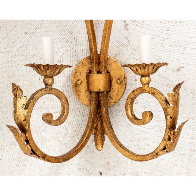Late 20th Century Hollywood Regency Gilded Iron Sconces - A Pair For Sale - Image 5 of 7