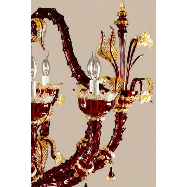 Hollywood Regency Original Ca' Rezzonico Murano Glass Chandelier | Ruby Red & Gold For Sale - Image 3 of 4