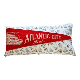 New Jersey Atlantic City Vintage Large Red Pennant on New Coastal Sailboats Fabric Throw Pillow For Sale