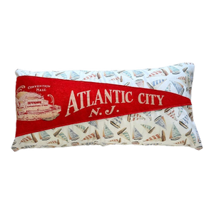 New Jersey Atlantic City Vintage Large Red Pennant on New Coastal Sailboats Fabric Throw Pillow