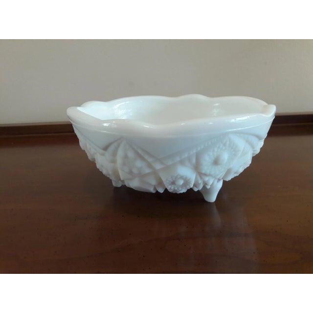 Vintage Mid Century Fentec Pattern Jeannette Glass Co Milk Glass Footed Bowl For Sale - Image 4 of 5