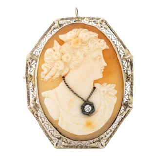 Vintage Carved Shell Cameo Gold and Diamond Pin For Sale