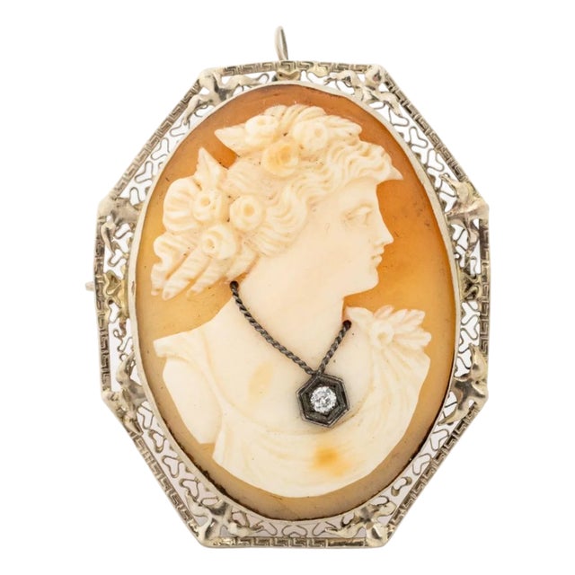 Vintage Carved Shell Cameo Gold and Diamond Pin For Sale