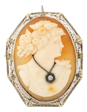 Vintage Carved Shell Cameo Gold and Diamond Pin