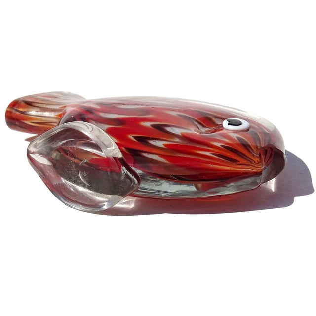 Vintage Murano Red Orange White Gold Flecks Italian Art Glass Flat Fish Figure Sculpture Paperweight For Sale - Image 10 of 11