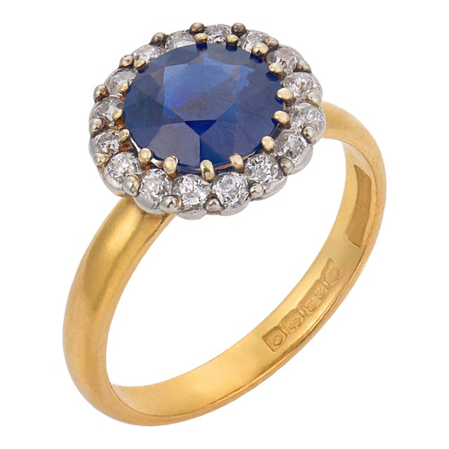 1910s Edwardian English Gia 2.45 Carat No Heat Sapphire Diamond 22k Yellow Gold Ring, Size 8 For Sale