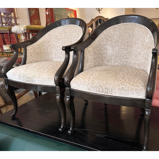 Pair of Charles X Style Charles Pollock & William Switzer Spoon Back Club Chairs.. Each freshly upholstered in silk velvet...