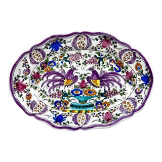 Antique Hand-Painted Polychrome Faience Wall Plate With Birds and Floral Motifs For Sale