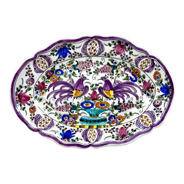 Antique Hand-Painted Polychrome Faience Wall Plate With Birds and Floral Motifs For Sale