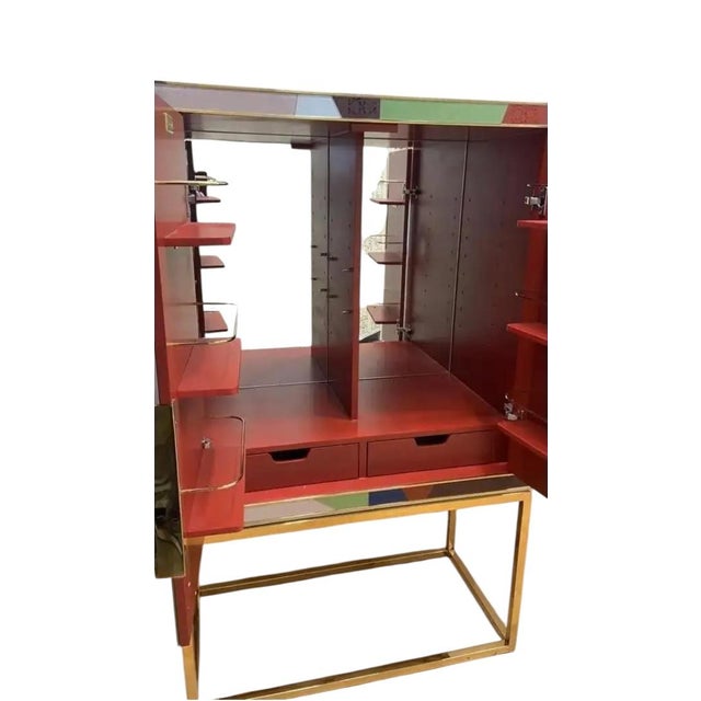 Early 21st Century Hollywood Regency Styled Torino Reverse Painted Glass and Brass 2 Door Dry Bar For Sale - Image 5 of 8