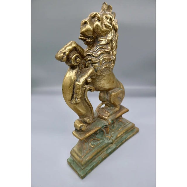 Victorian Antique Brass Rampant Lion Door Stop / Mantel Ornament, Heraldic Fireplace Décor For Sale - Image 3 of 6