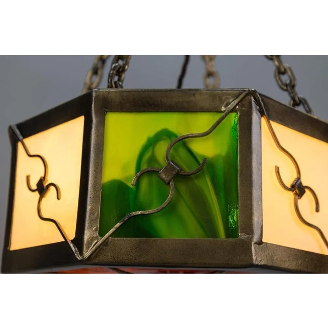 Mid-Century Octagonal Patinated Metal and Art Glass Pendant Light, Germany For Sale - Image 9 of 18