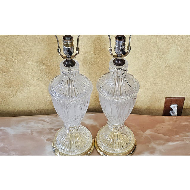 Metal Hollywood Regency Cut Glass & Brass Table Lamps – a Pair For Sale - Image 7 of 12