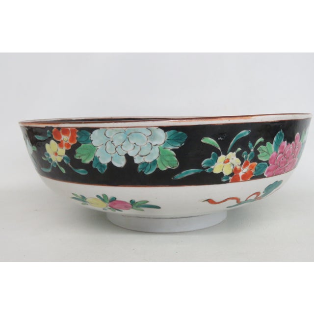 Ceramic Asian Famille Noire Enamel Glazed Porcelain Centerpiece Bowl Floral Motif 4995b For Sale - Image 7 of 18