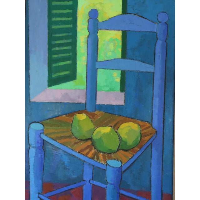 Blue 1978 Modernist 'Still Life With Blue Chair' Vintage Original Interiors Oil Painting, Framed For Sale - Image 8 of 14