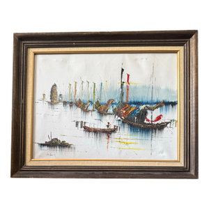 Signed Original Mid-Century Richly Oil Painting Depicting Authentic Harbor Chinese Junk Boat Sailing