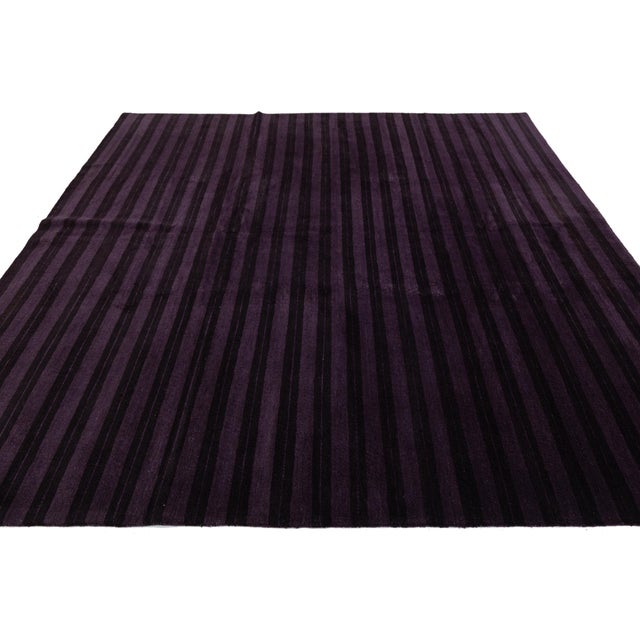 Textile Contemporary Tibetan Hand-Knotted Wool and Silk Rug With Deep Plum Stripes For Sale - Image 7 of 10