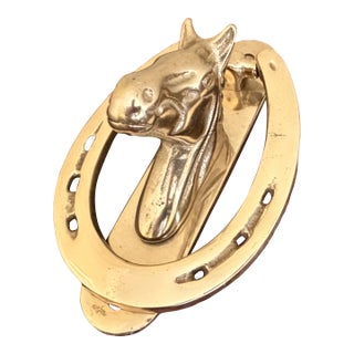Vintage Cast Brass Horse Head and Horseshoe Door Knocker For Sale