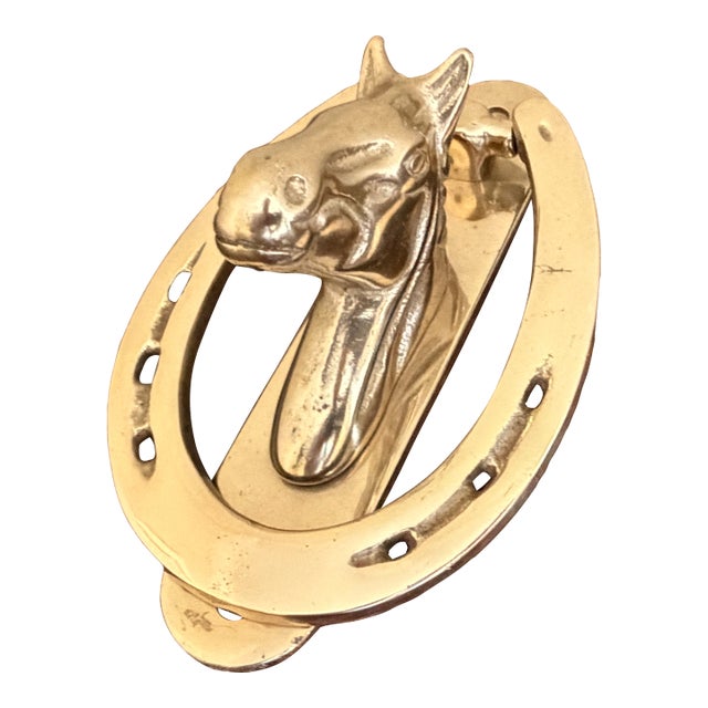 Vintage Cast Brass Horse Head and Horseshoe Door Knocker For Sale