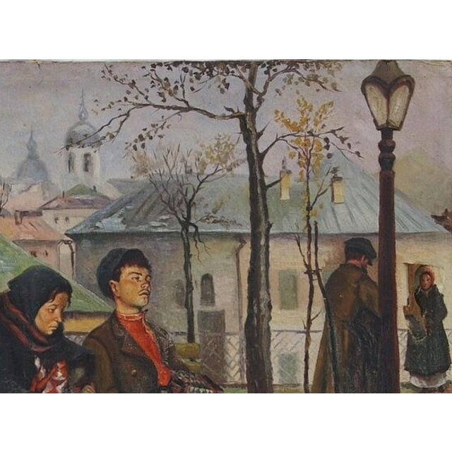 Campaign Vintage Soviet Oil Painting: Ukrainian Cityscape, People on Bench, 1953 90-122 For Sale - Image 3 of 6