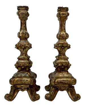 Mid 20th Century Venetian Style Carved Silver Tone Gilt Wood Prickets - a Pair
