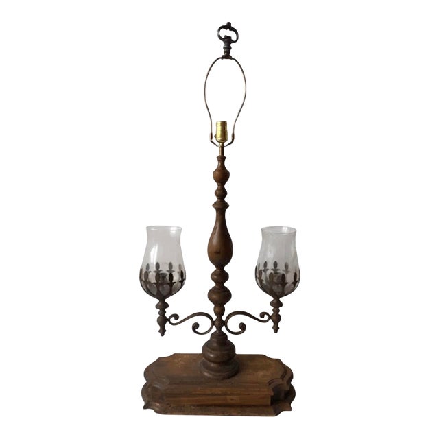 Antique Rustic Dutch Golonial Style Plug in Table Lamp With Glass Shades For Sale