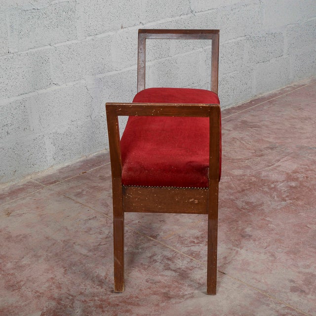 Small Wooden Bench Upholstered in Red Art Deco Velvet, 1940s For Sale - Image 4 of 18