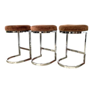 Original Vintage Mid Century Modern Milo Baughman Chrome & Velvet Cantilevered Bar Stools Set of 3 For Sale