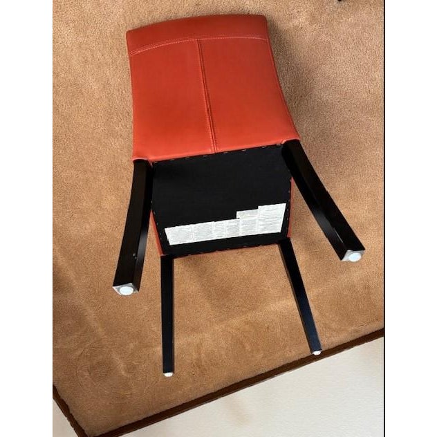 Metal Mid Century Modern Crate & Barrel Parsons Steel & Glass Dining Table With Set of Four Lowe Leather Group Side Chairs For Sale - Image 7 of 8