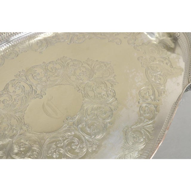 Vintage English LBS Co 982 Silver Plated Scalloped Oval Pierced Gallery Tray For Sale - Image 9 of 12