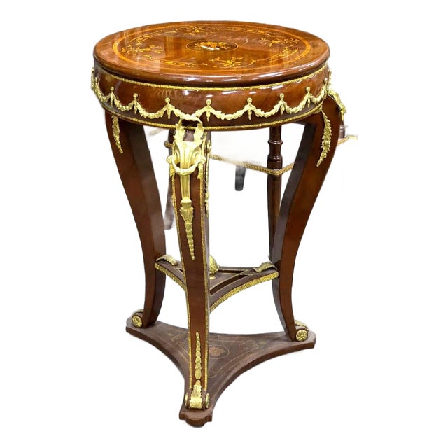French Empire Round Side Table With Hand-Carved Wood Frame, Gold Leaf Accents & Marquetry Top For Sale