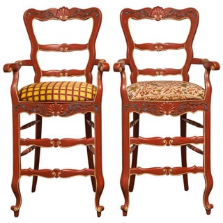 Carved French Country Red Bar Stools - A Pair For Sale