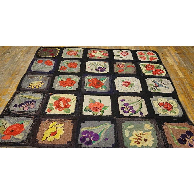 American 1930s Black Roses Birds Folk Art Antique American Hooked Rug 7' 10'' X 7' 10'' Woven Wool Carpet For Sale - Image 3 of 9