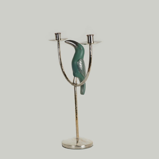 Whimsical yet sophisticated vintage two light candelabra handcrafted in silver plate on hammered copper featuring a stone...