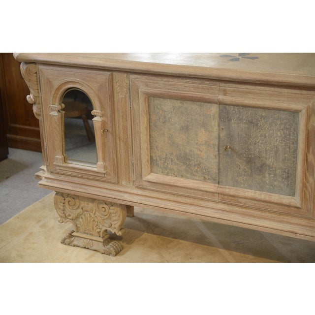 Large 4-Door Sideboard in Cerused Oak, Reverse-Painted Mirror and Leather, 1950s For Sale - Image 14 of 16
